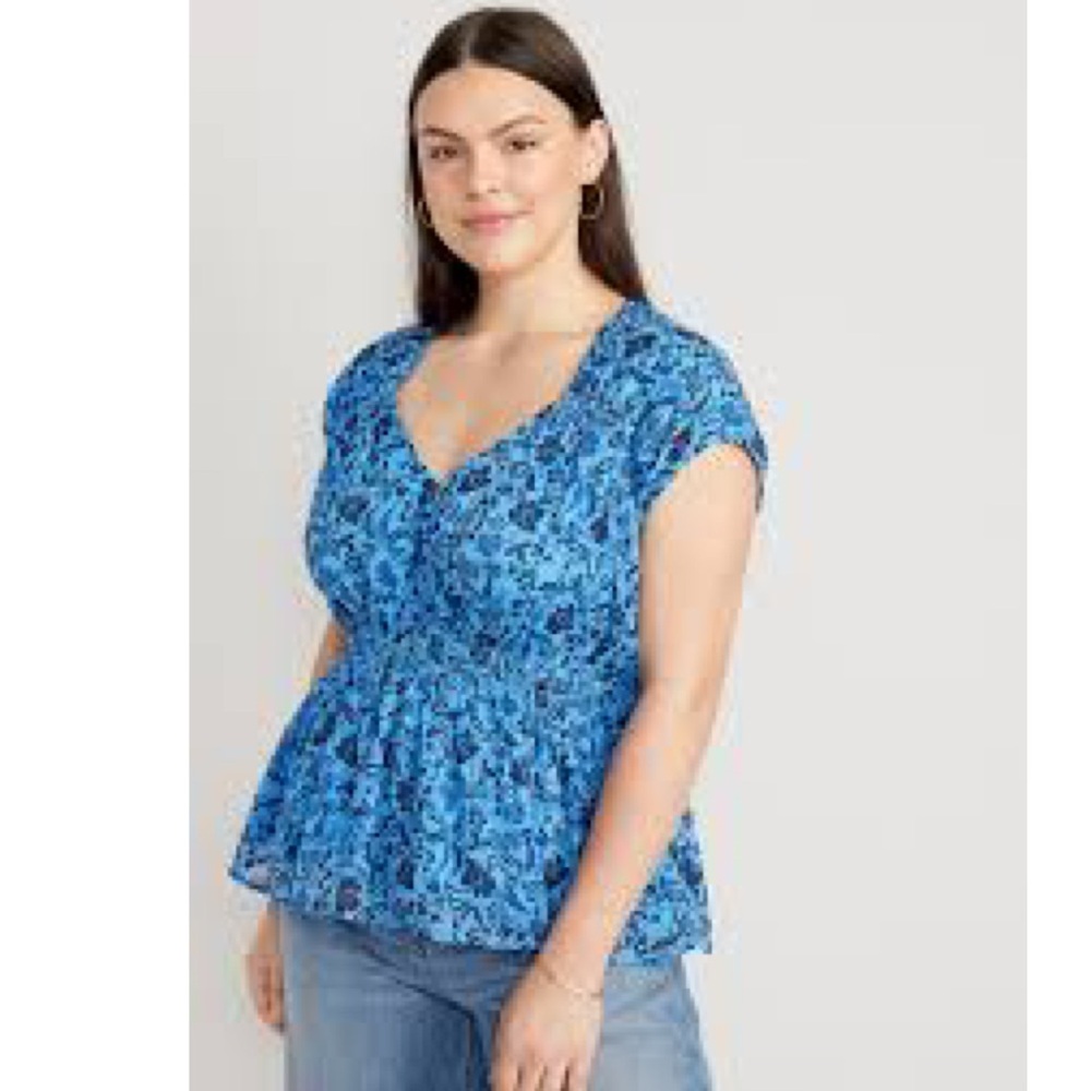 Old Navy Blue Floral Printed Waist Defined Dolman Sleeve Top Blouse Shirt Sz M